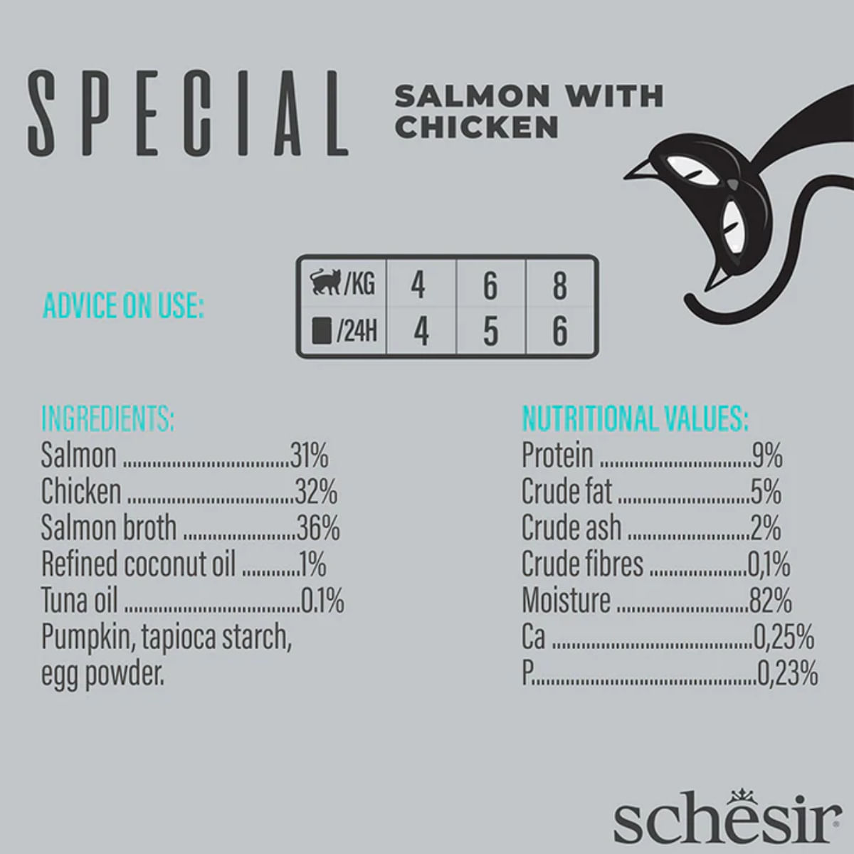 SCHESIR Special Skin &amp; Coat, Somon și Pui, plic hrană umedă fără cereale pisici, piele &amp; blană, (mousse), 70g