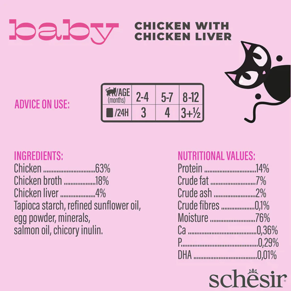 SCHESIR Baby Fillets, Pui și Ficat, conservă hrană umedă fără cereale pisici junior, (în supă), 70g