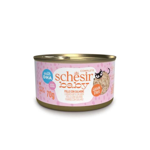 SCHESIR Baby Fillets, Pui și Somon, conservă hrană umedă fără cereale pisici junior, (în supă), 70g