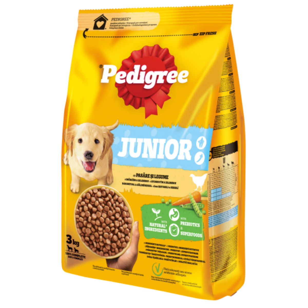 PEDIGREE Junior, M-XL, Pasăre și Legume, hrană uscată câini junior, 3kg