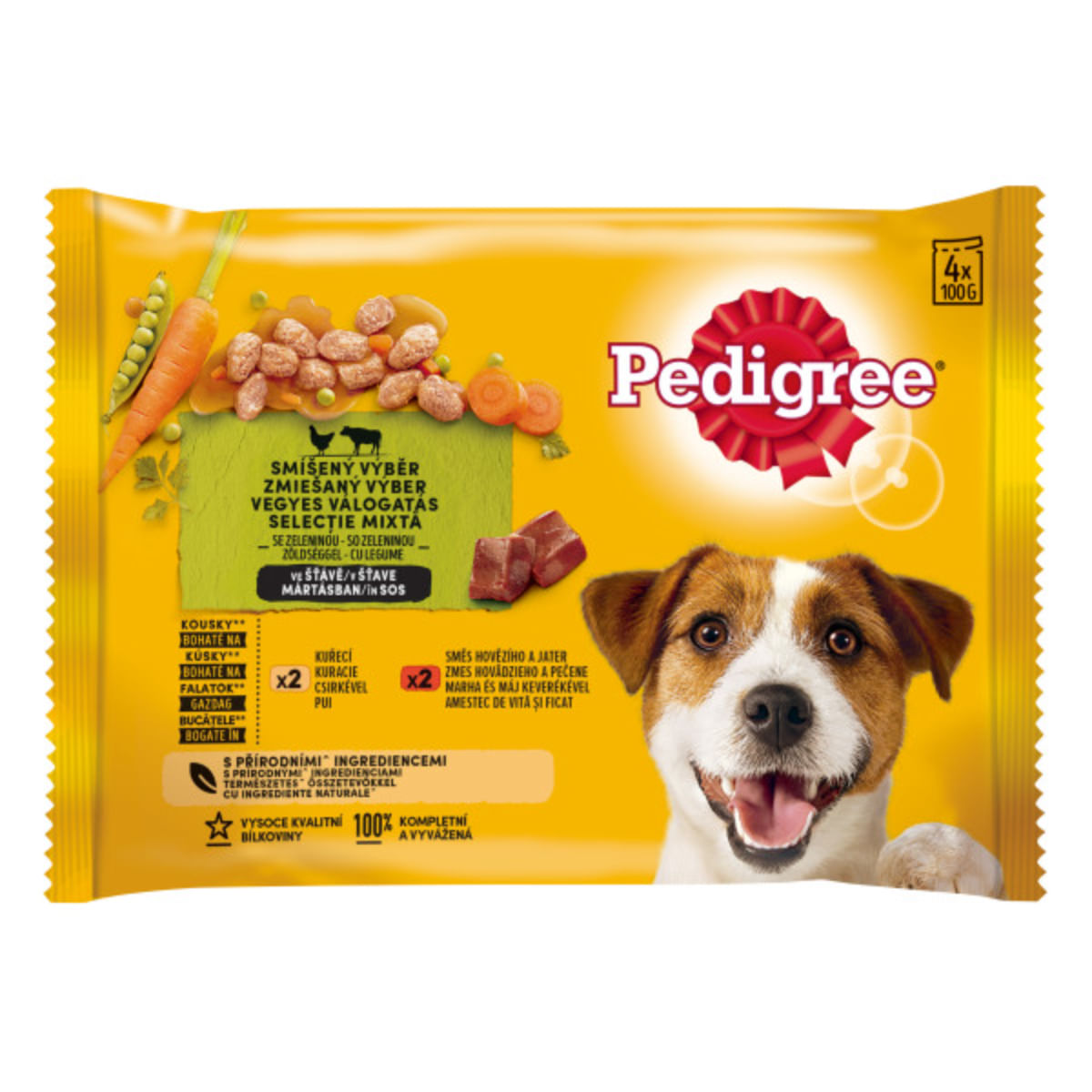 PEDIGREE, XS-XL, Vită și Pasăre, plic hrană umedă câini, (în sos), multipack, 100g x 4buc