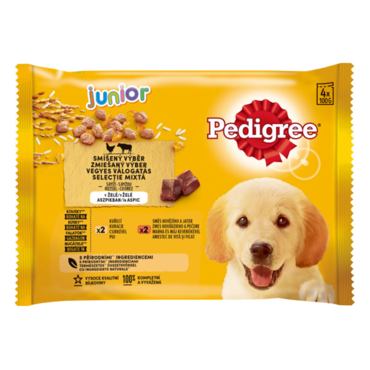 PEDIGREE Junior Selectie Mixta, XS-XL, Carne și Orez, plic hrană umedă câini junior, (în aspic), multipack, 100g x 4buc