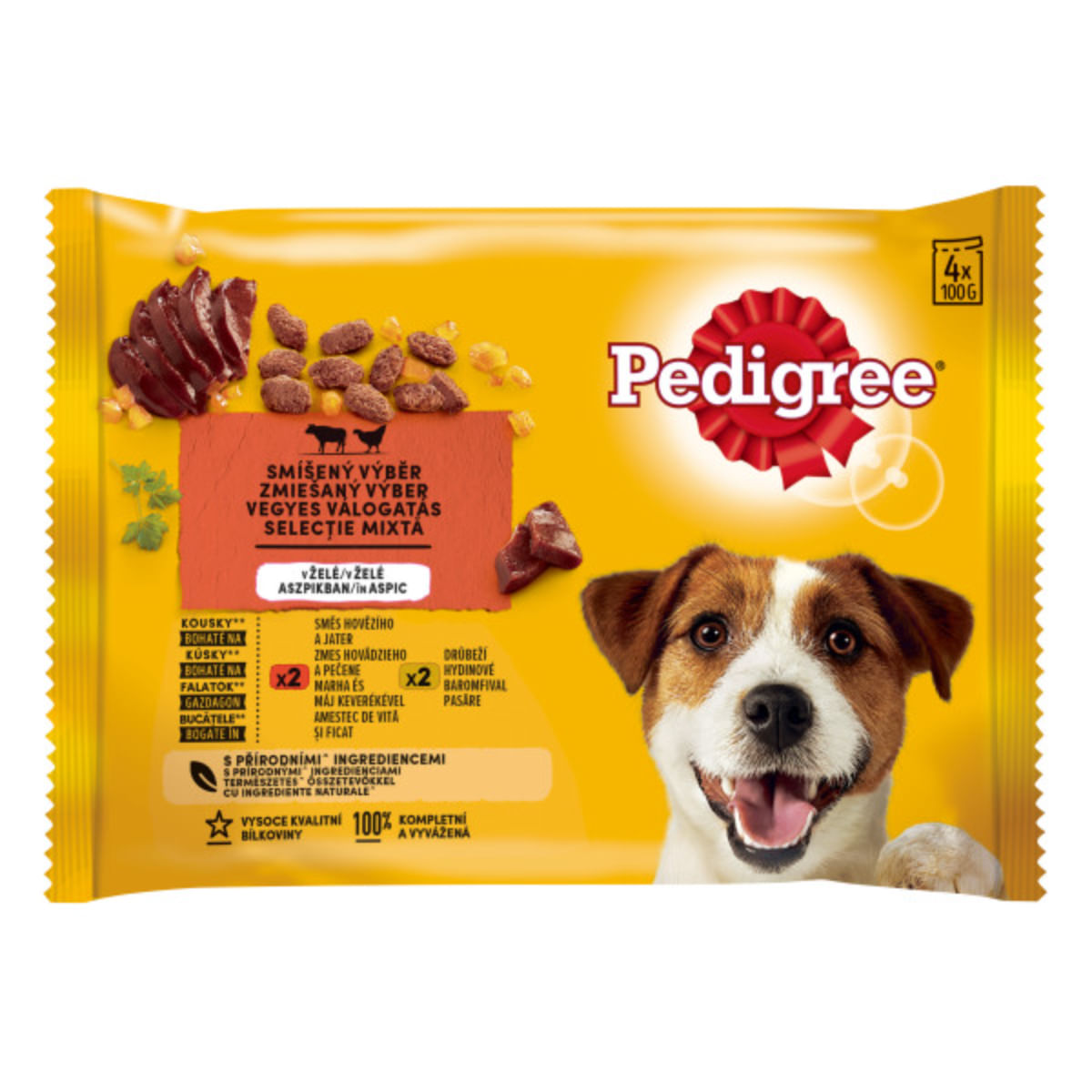 PEDIGREE Selectie Mixtă, XS-XL, Vită și Pasăre, plic hrană umedă câini, (în aspic), multipack, 100g x 4buc