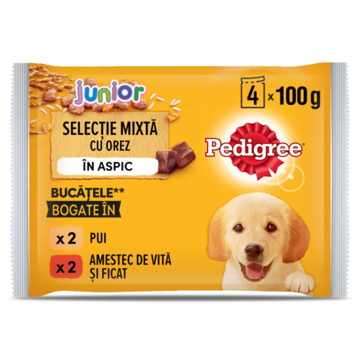 PEDIGREE Junior Selectie Mixta, XS-XL, Carne și Orez, plic hrană umedă câini junior, (în aspic), multipack, 100g x 4buc - 2 | YEO