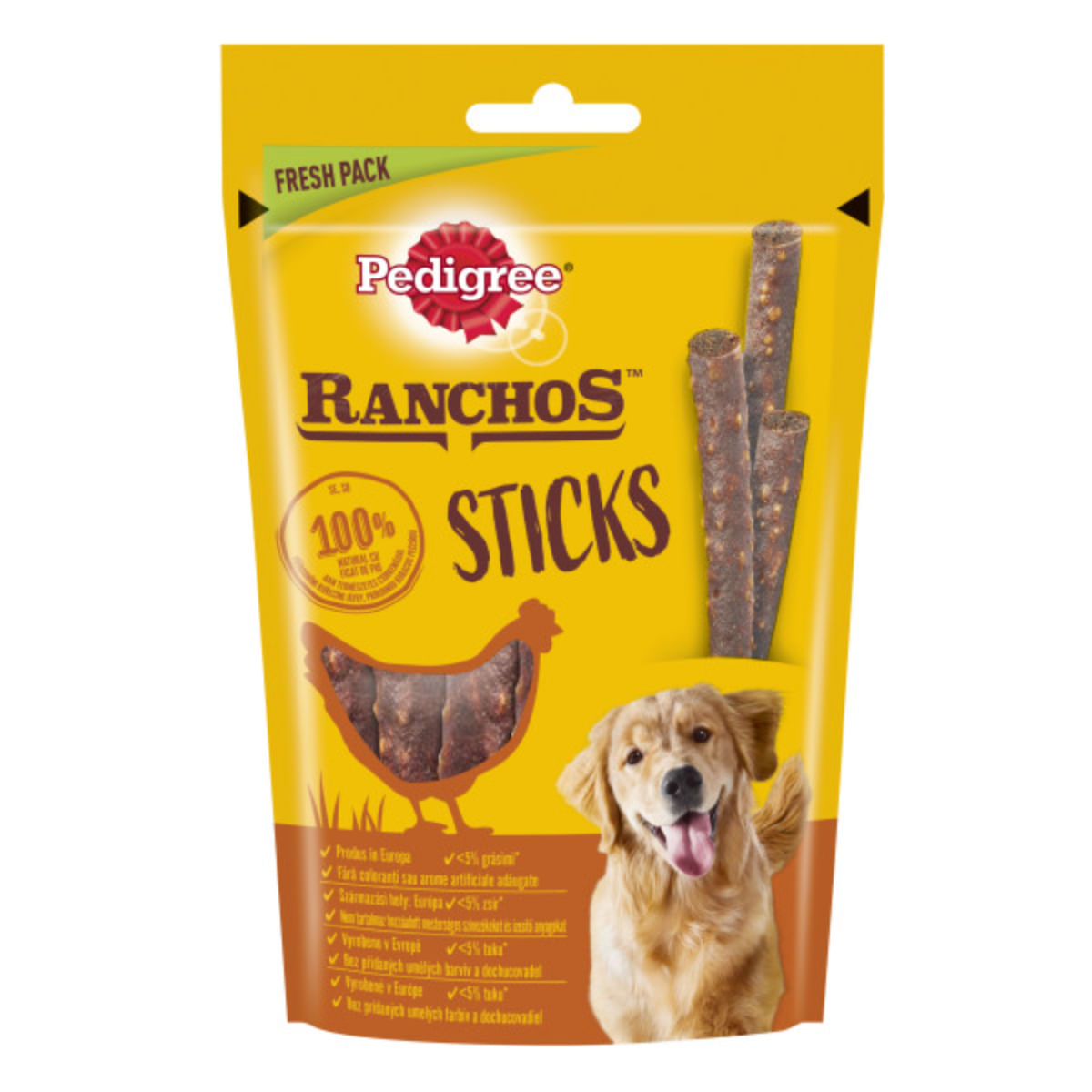 PEDIGREE Ranchos Sticks, XS-XL, Pui, punguță recompense câini, 60g