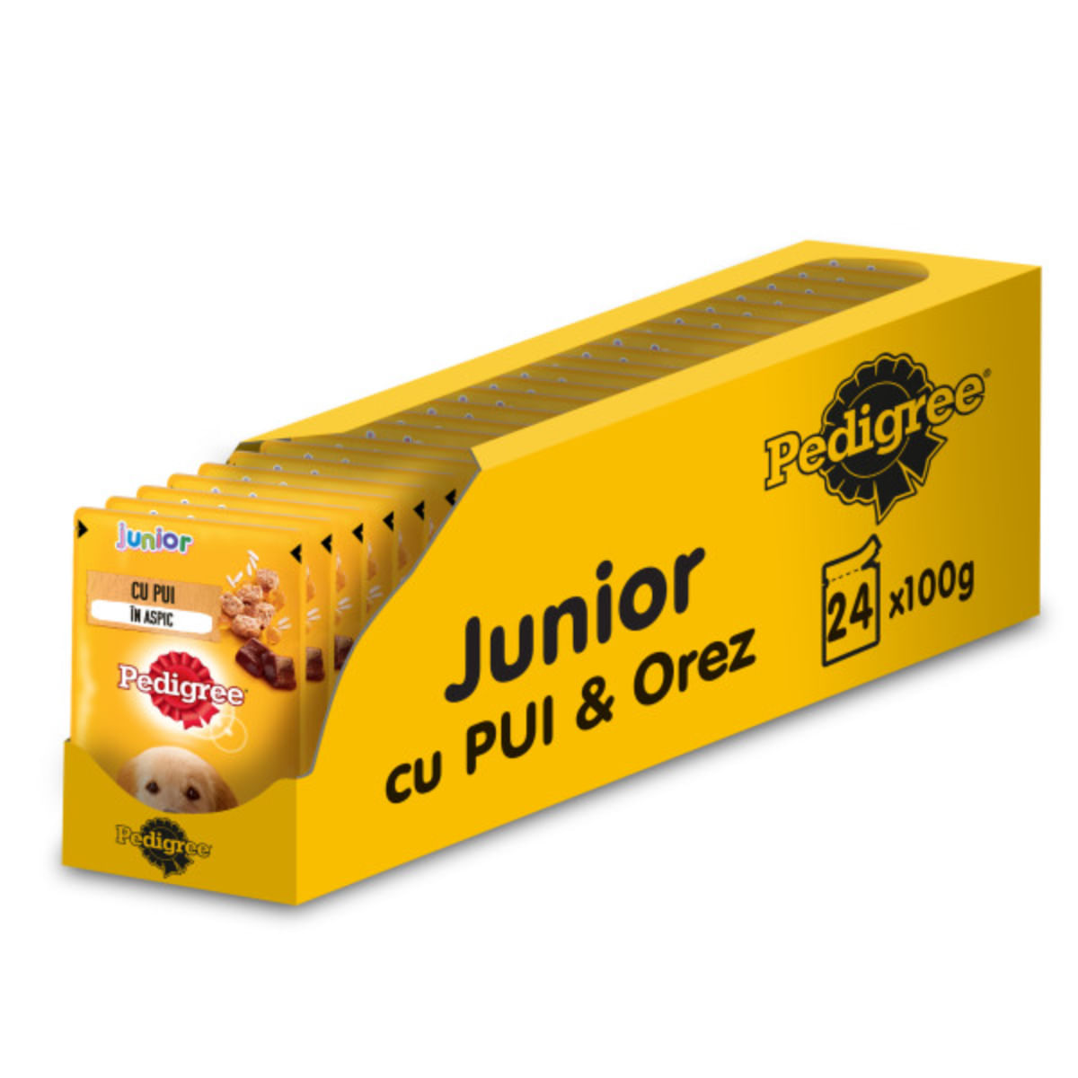 PEDIGREE Junior, XS-XL, Pui, plic hrană umedă câini junior, (în aspic), bax, 100g x 24buc