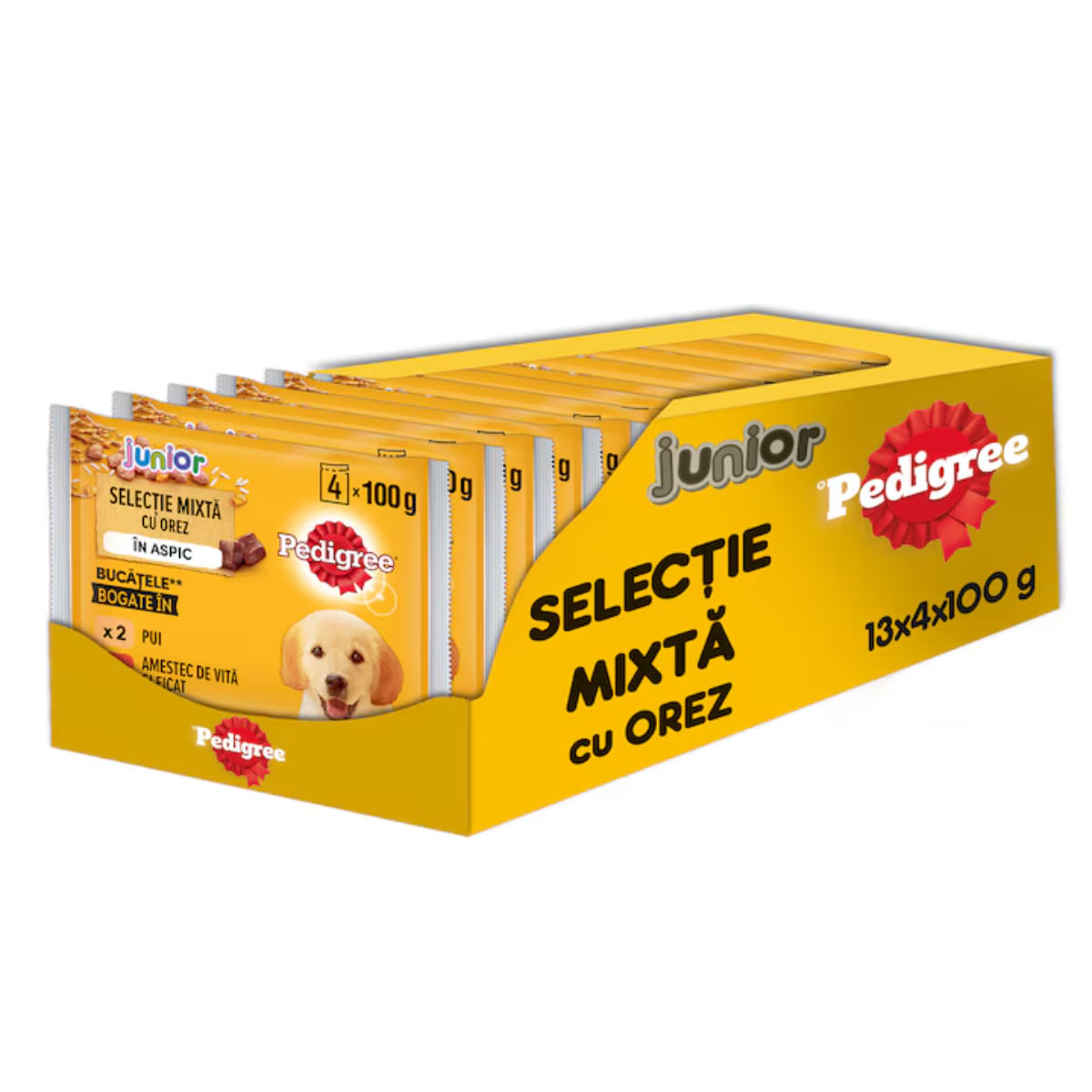 PEDIGREE Junior Selectie Mixta, XS-XL, Carne și Orez, plic hrană umedă câini junior, (în aspic), bax, 400g x 13buc