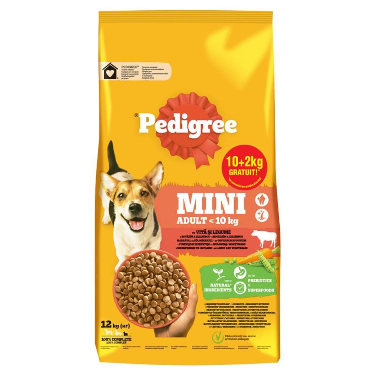 PEDIGREE Mini Adult, XS-S, Vită și Legume, hrană uscată câini, 10+2kg GRATUIT