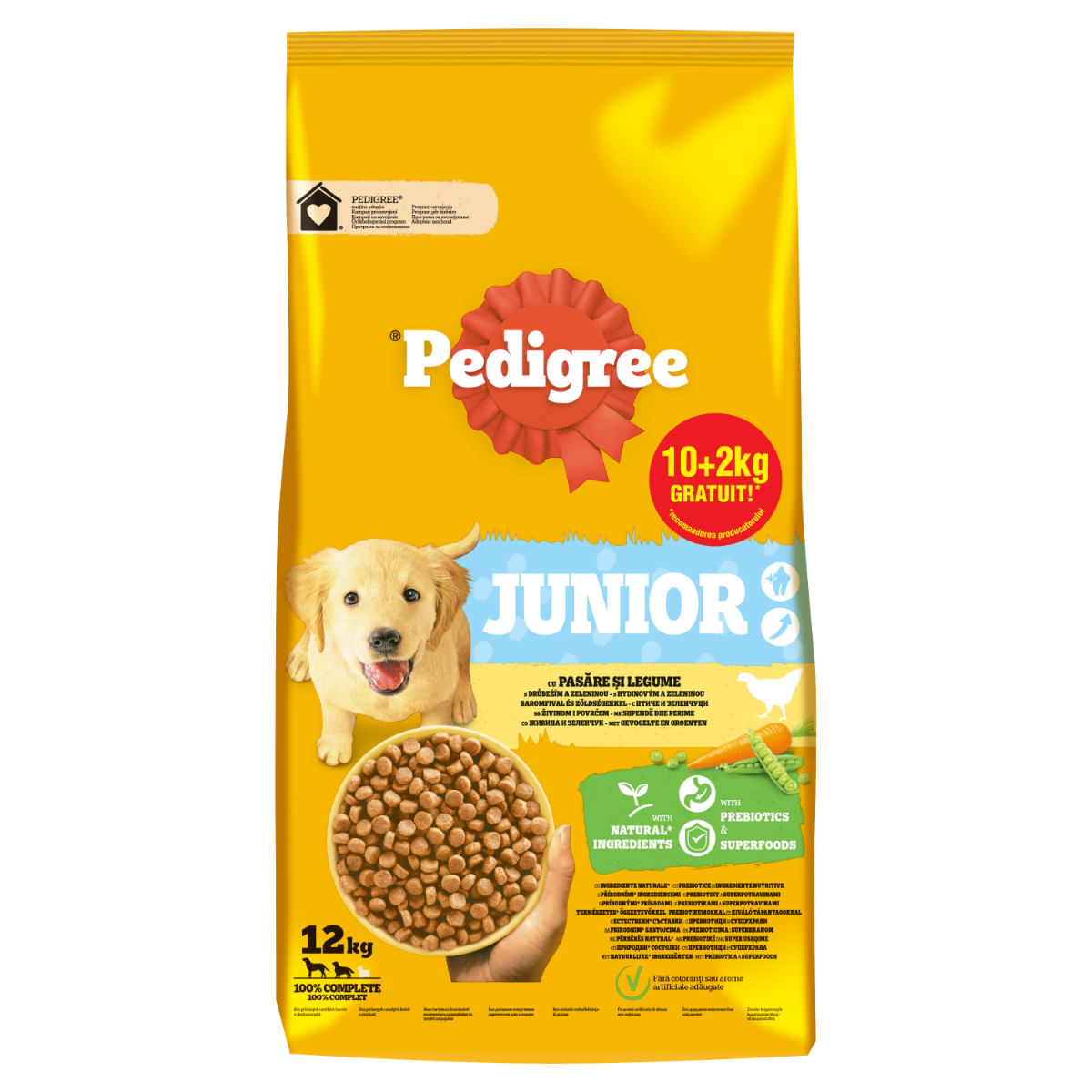 PEDIGREE Junior, M-XL, Pasăre și Legume, hrană uscată câini junior, 10+2kg GRATUIT