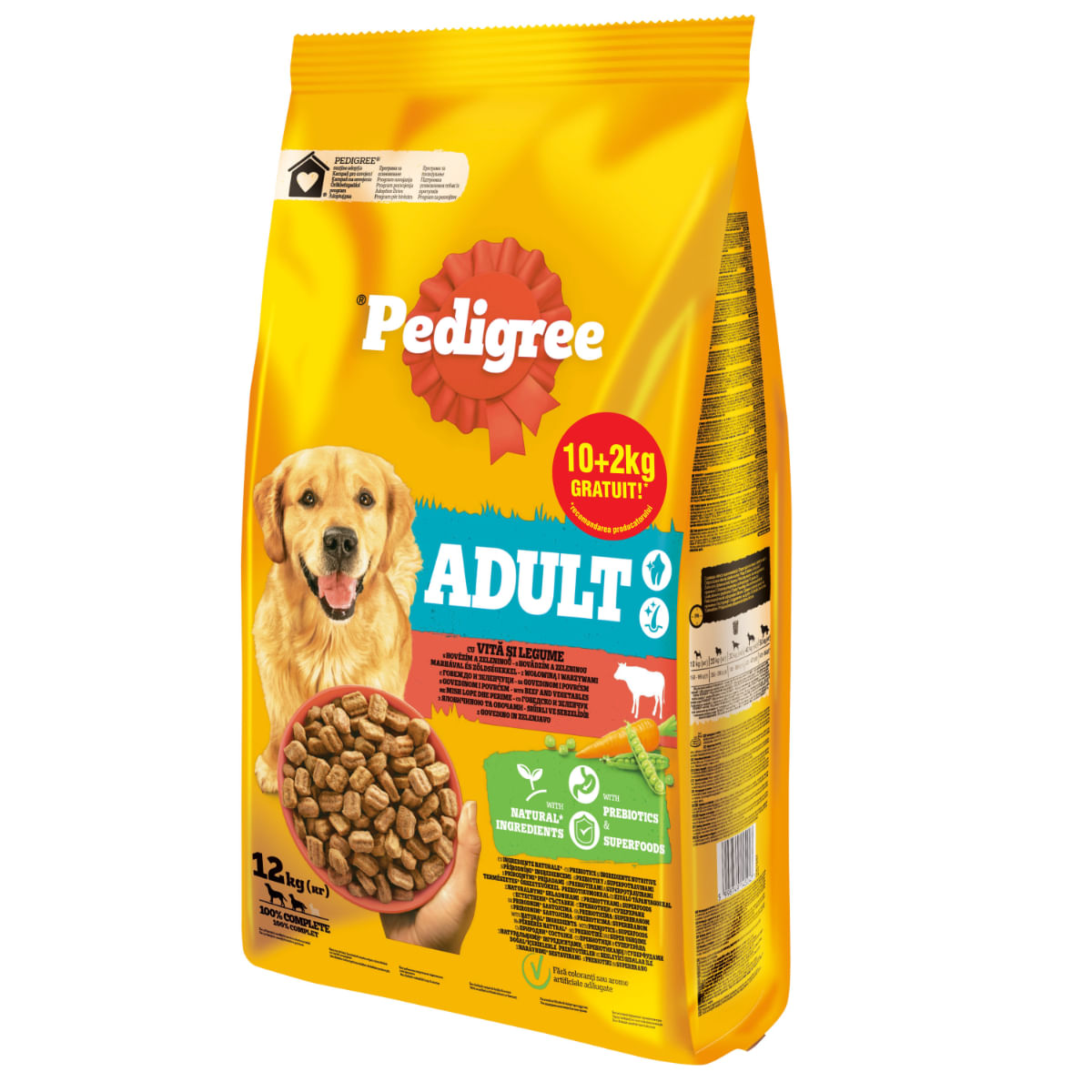 PEDIGREE Adult, M-XL, Vită și Legume, hrană uscată câini, 10+2kg GRATUIT