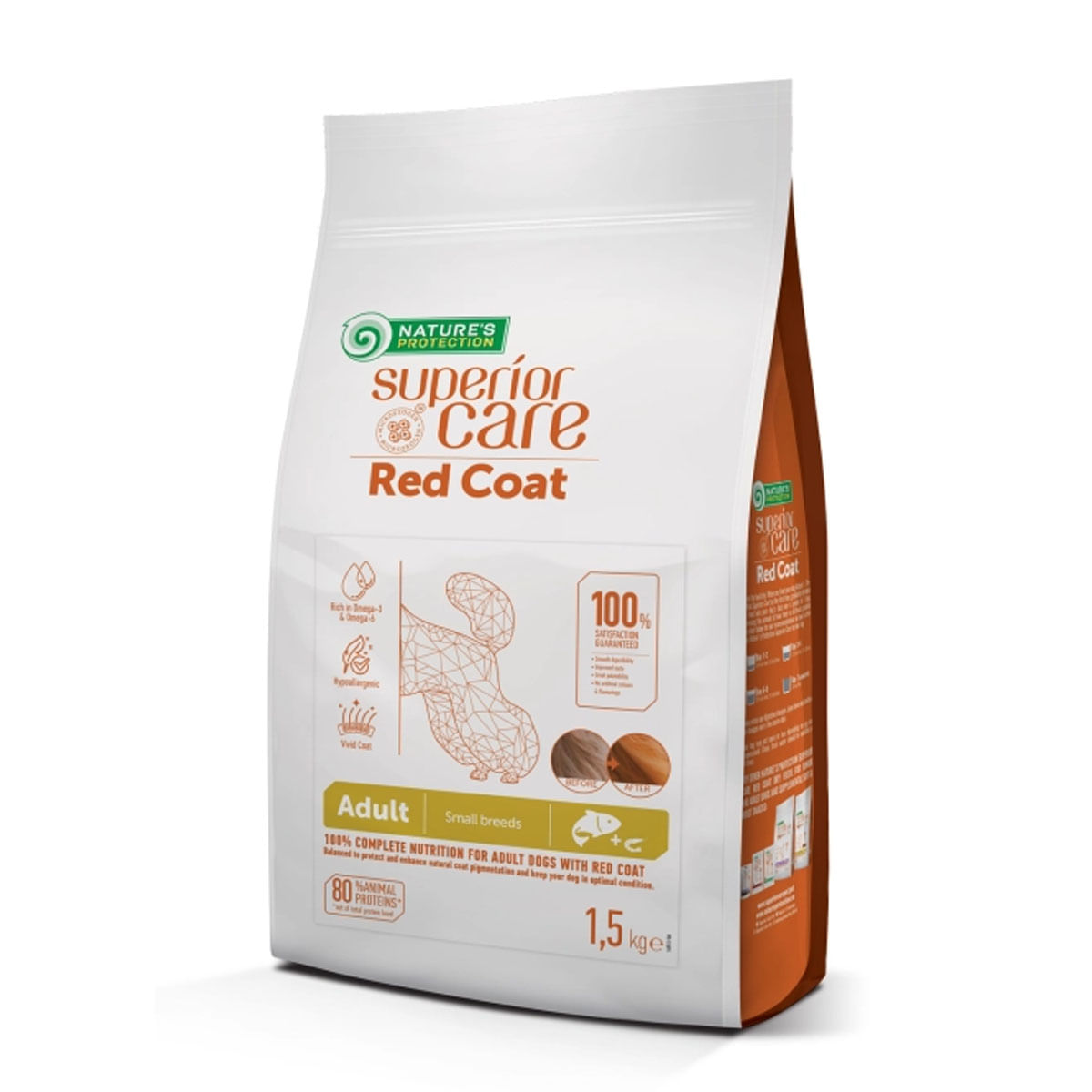 NATURES PROTECTION Superior Care Red Coat Small&Mini, Somon, hrană uscată fără cereale câini, intensificarea culorii, 1.5kg