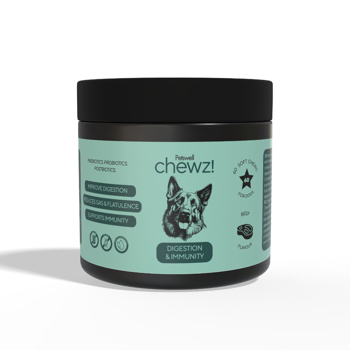 PETSWELL Chewz Digestion & Immunity, supliment sistem digestiv, imunitate câini, Vită, comprimate masticabile PETSWELL Chewz Digestion & Immunity, supliment sistem digestiv, imunitate câini, Vită, flacon, 60 comprimate masticabile