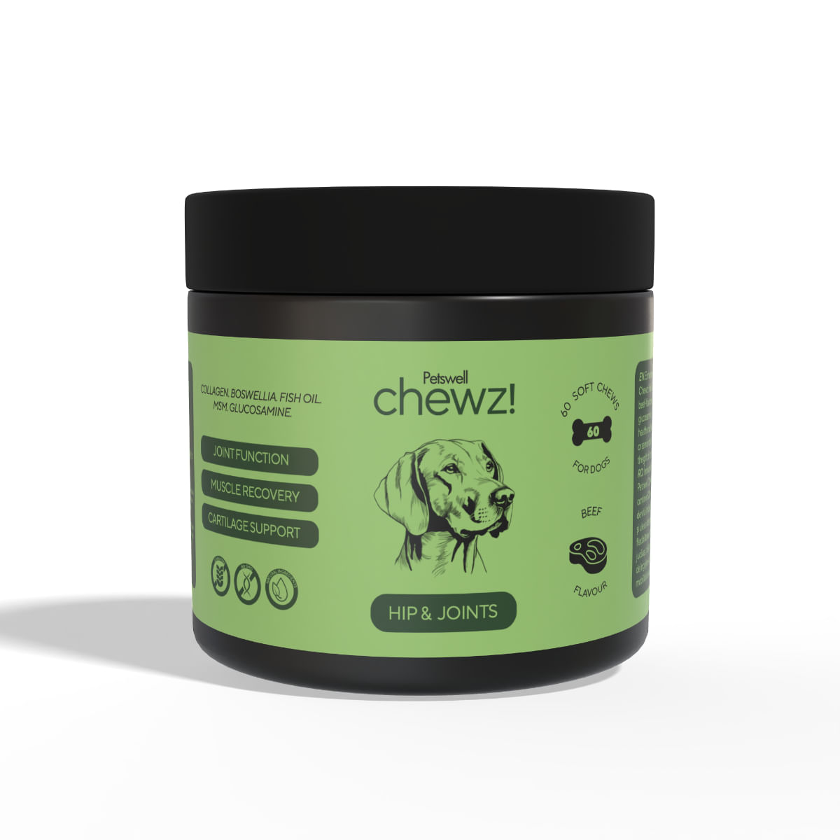 PETSWELL Chewz Hip & Joints, supliment sistem articular câini, Vită, comprimate masticabile PETSWELL Chewz Hip & Joints, supliment sistem articular câini, Vită, flacon, 60 comprimate masticabile