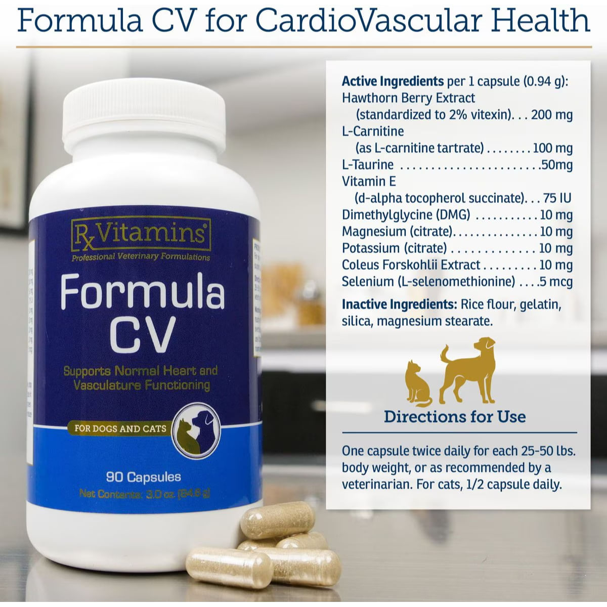 RX VITAMINS CV Formula, supliment sistem cardio-vascular câini, capsule RX VITAMINS CV Formula, supliment sistem cardio-vascular câini și pisici, flacon, 90 capsule - 2 | YEO