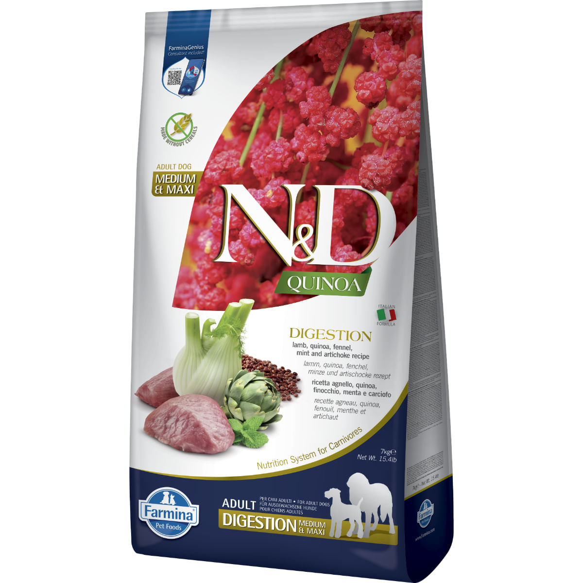 N&D Quinoa Digestion Medium & Maxi, M-XL, Miel, hrană uscată fără cereale câini, sistem digestiv, 7kg