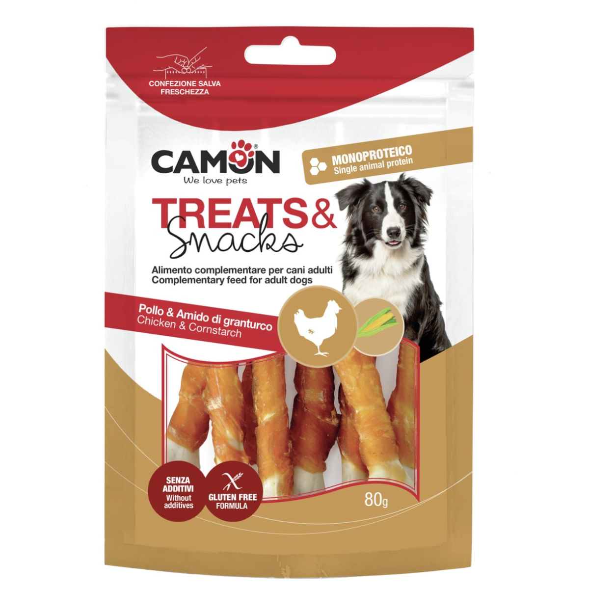 CAMON Chicken & Cornstarch Bones, XS-XL, Pui, punguță recompense câini, 80g