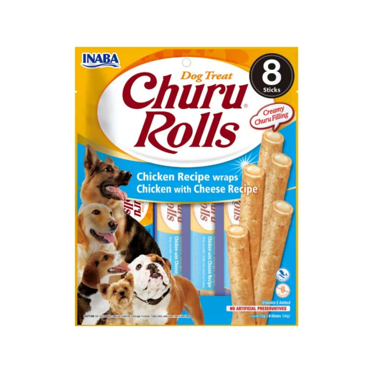 INABA Churu Rolls, XS-XL, Pui și Brânză, plic recompense fără cereale câini, 96g