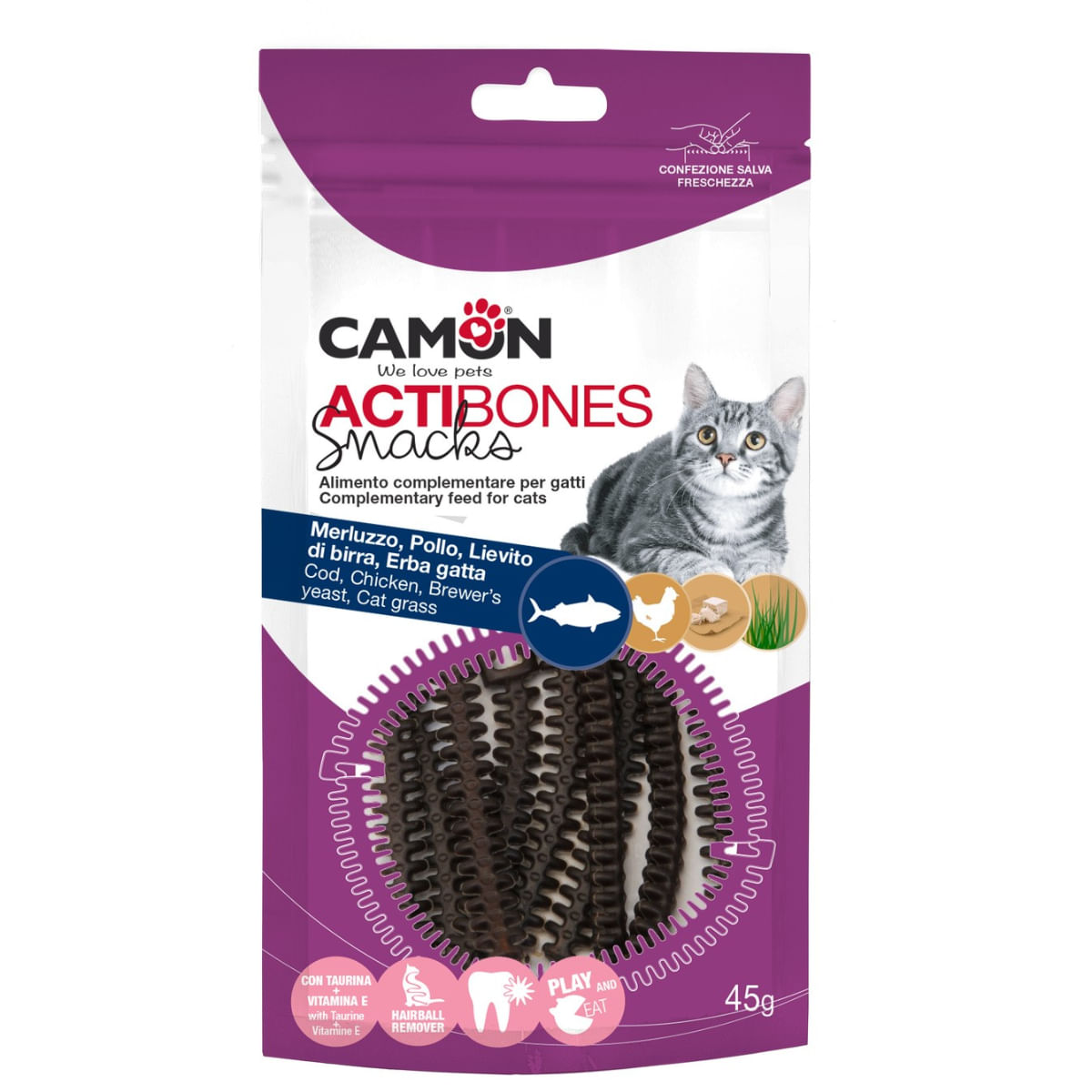 CAMON Actibones, Cod și Pui, punguță recompense pisici, 45g