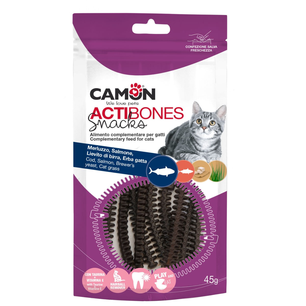 CAMON Actibones, Cod și Somon, punguță recompense pisici, 45g