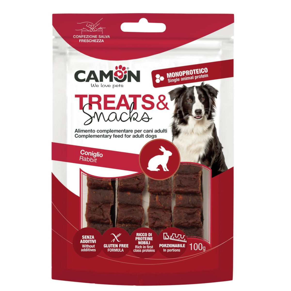 CAMON Rabbit Bar Snack, XS-XL, Iepure, punguță recompense monoproteice câini, 100g