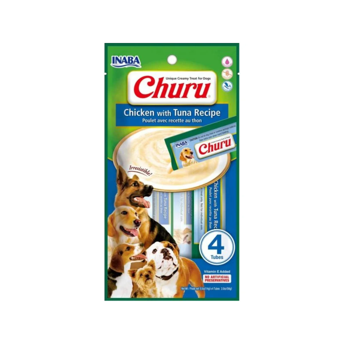 INABA Churu Creamy, XS-XL, Pui și Ton, plic recompense fără cereale câini, (piure), 56g