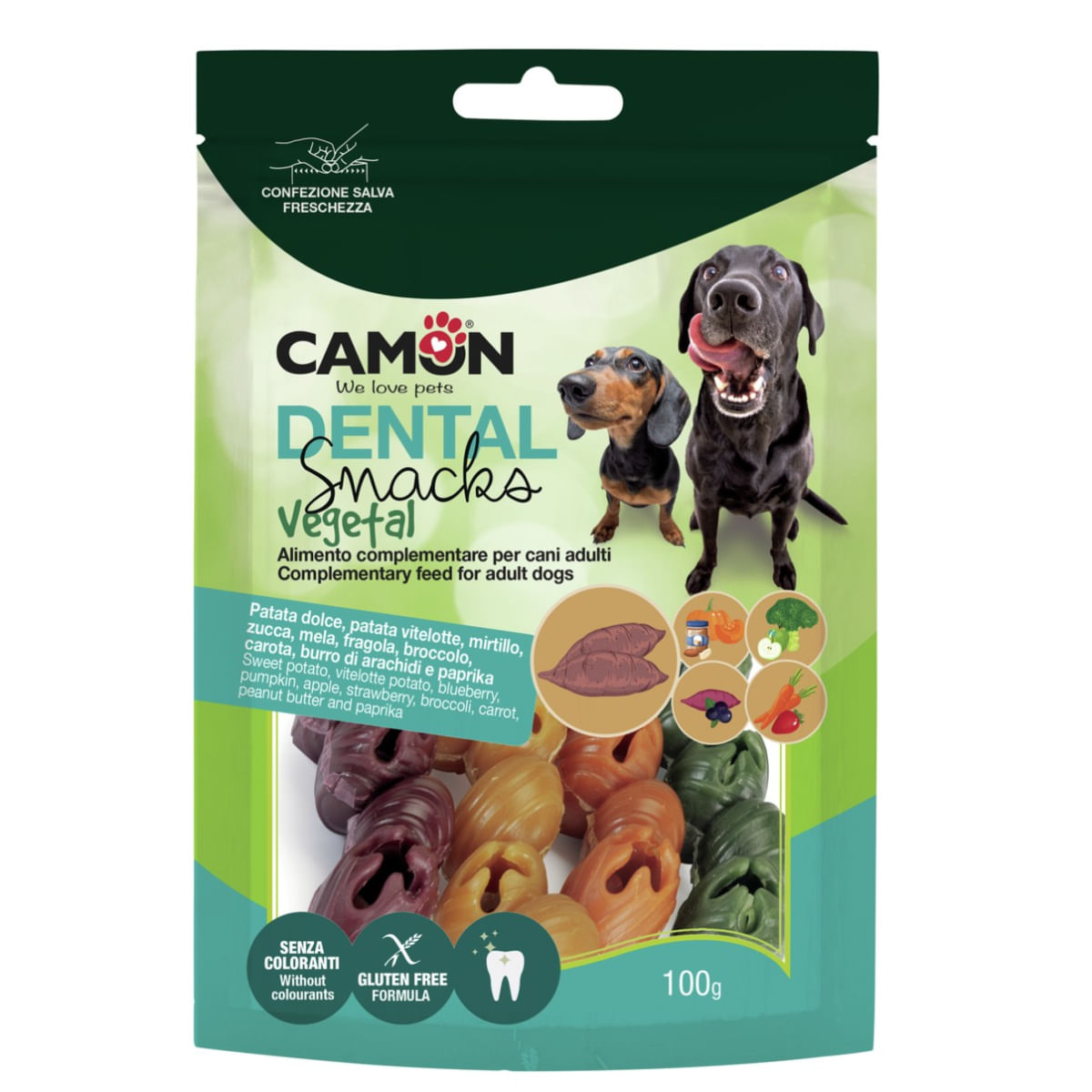 CAMON Dental Snack Mix Veggie Bells, XS-XL, Cartof Dulce și Fructe, punguță recompense câini, 100g