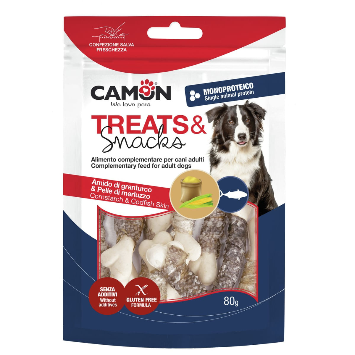 CAMON Codfish Skin & Cornstarch Bones, XS-XL, Cod, punguță recompense câini, 80g