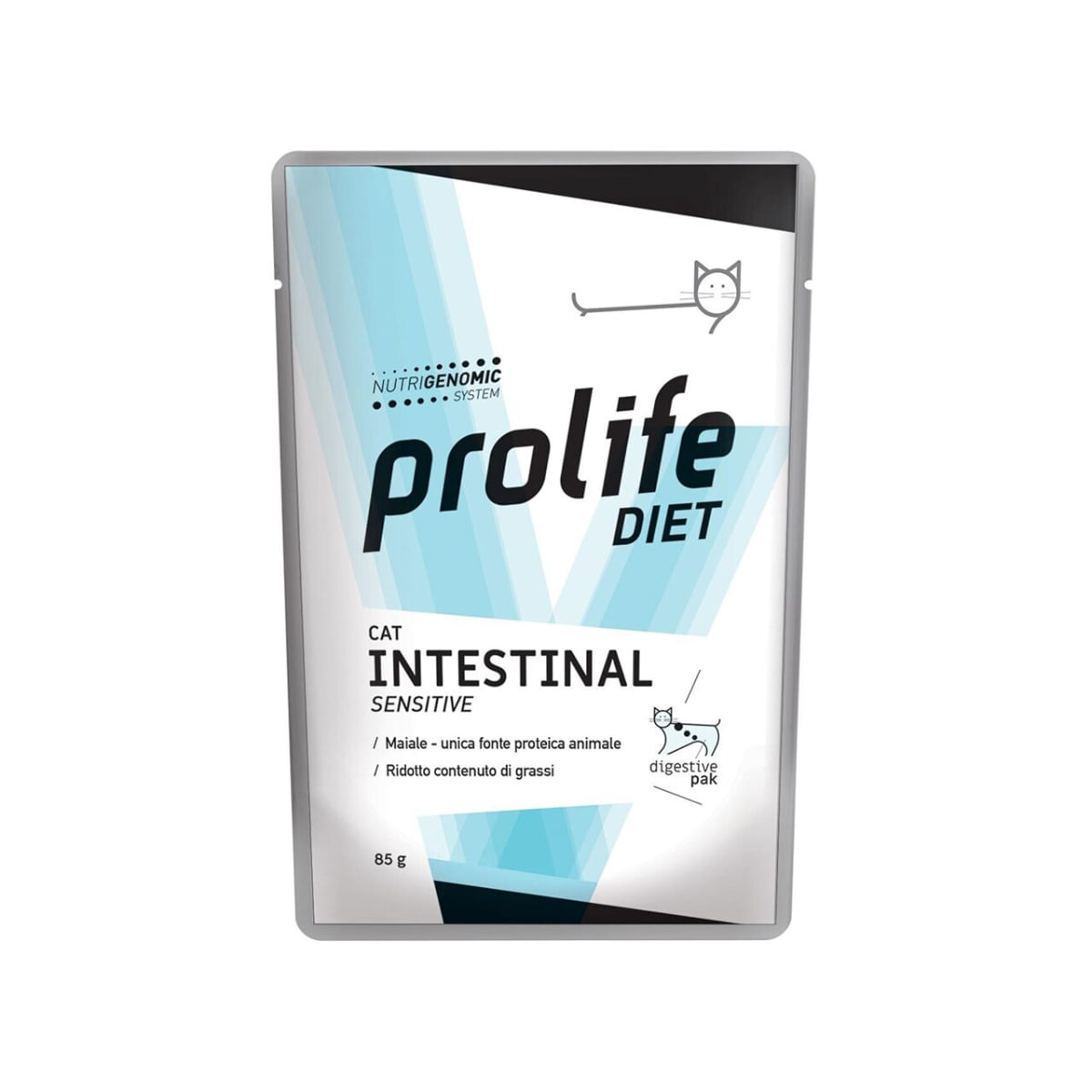 PROLIFE Diet Intestinal Sensitive, Porc, dietă veterinară, plic hrană umedă monoproteică pisici, sistem digestiv, (în aspic), bax, 85g x 12buc