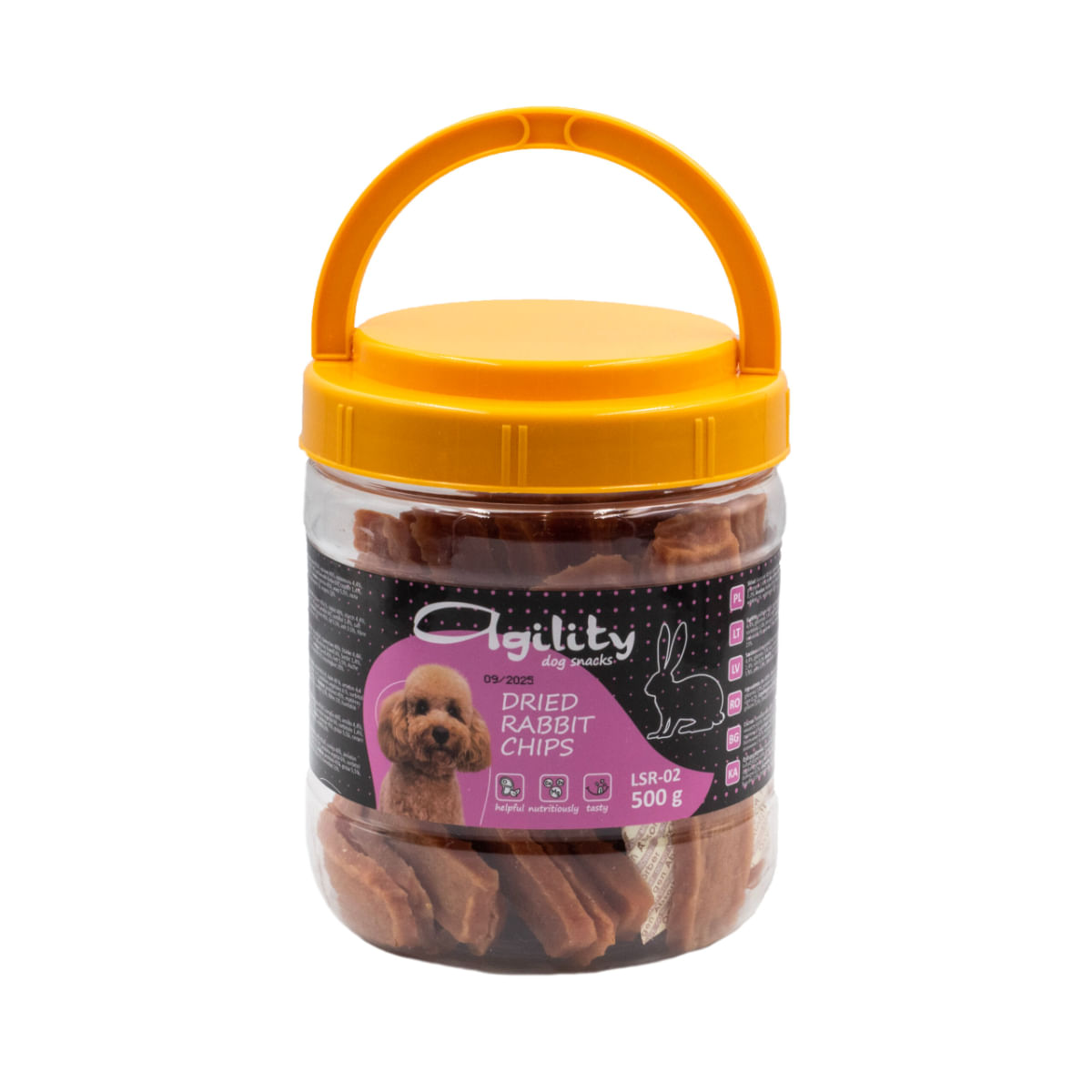 AGILITY Chipsuri Uscate, XS-XL, Iepure și Pui, găletușa recompense câini, 500g