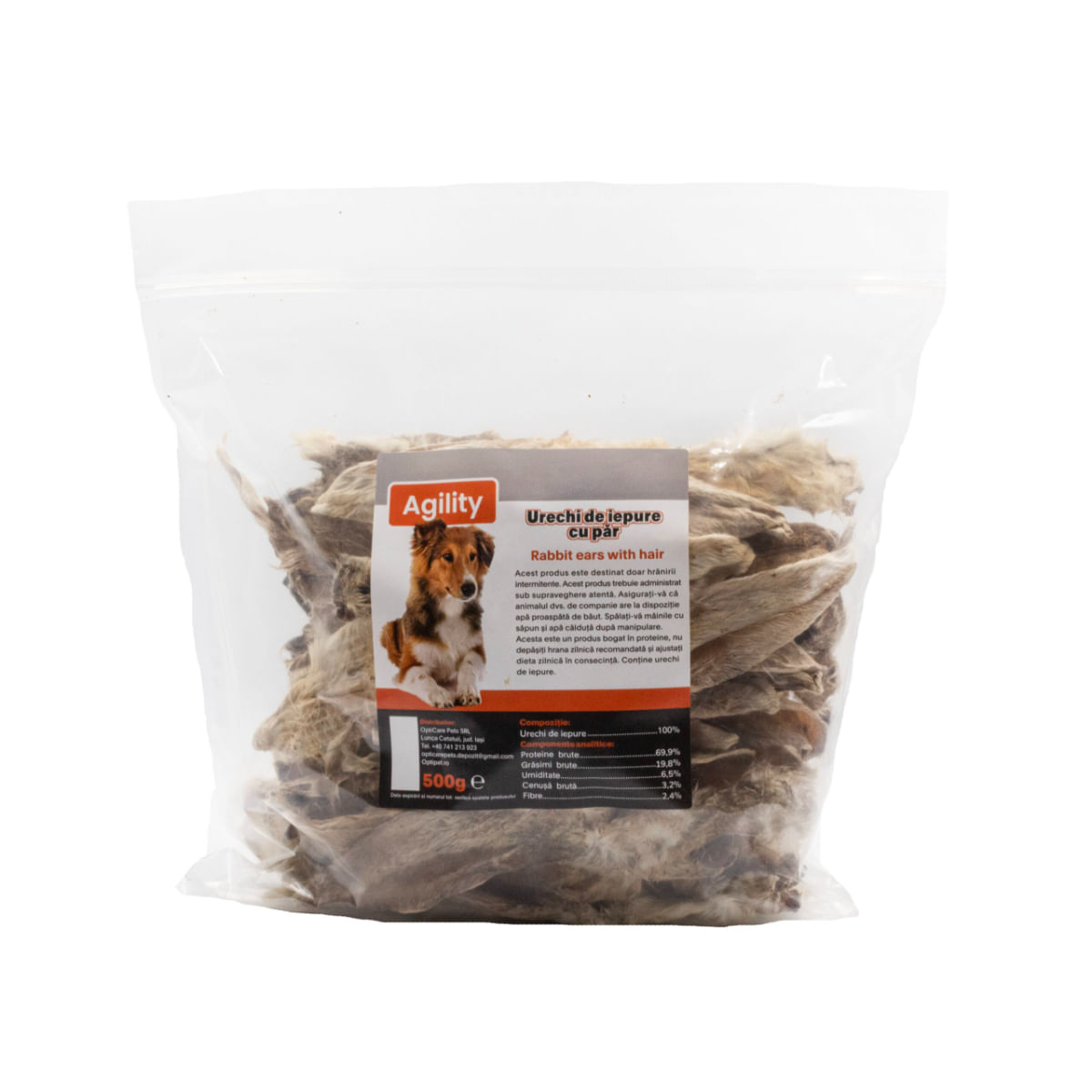 AGILITY Urechi de Iepure, XS-XL, punguță recompense naturale deshidratate câini, 500g