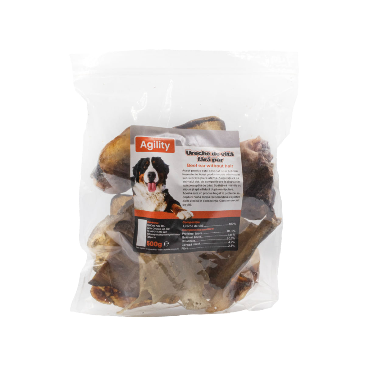 AGILITY Ureche de Vită, XS-XL, punguță recompense naturale deshidratate câini, 500g - 1 | YEO