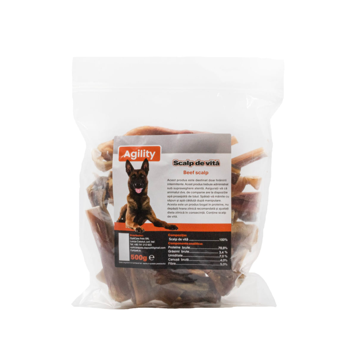 AGILITY Scalp de Vită, XS-XL, punguță recompense naturale deshidratate câini, 500g - 1 | YEO