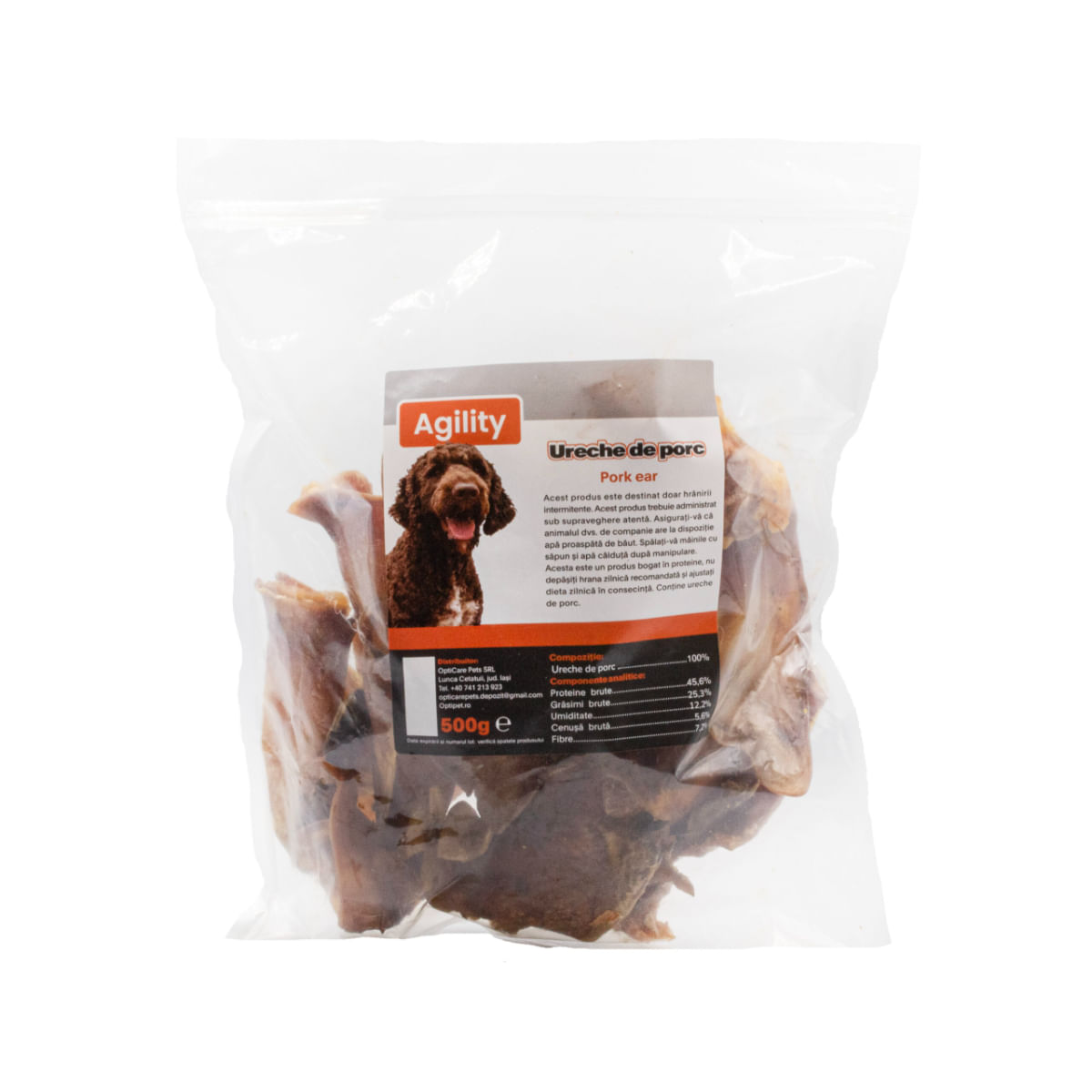 AGILITY Ureche de Porc, XS-XL, punguță recompense naturale deshidratate câini, 500g