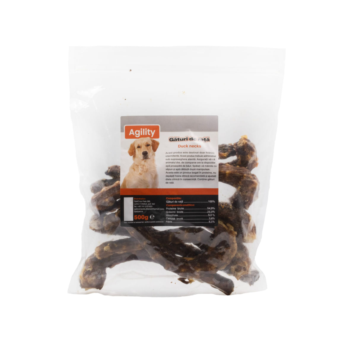 AGILITY Gâturi de Rață, XS-XL, punguță recompense naturale deshidratate câini, 500g