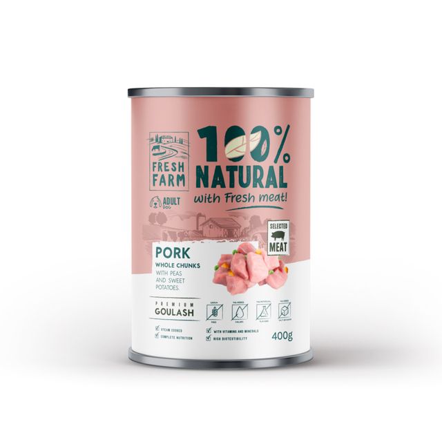 FRESH FARM Goulash, XS-XL, Porc, conservă hrană umedă fără cereale câini, (în supă), 400g