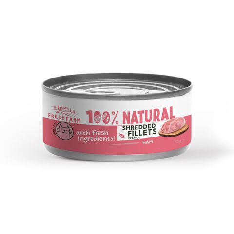 FRESH FARM Schredded fillets, Șuncă și Pui, conservă hrană umedă fără cereale pisici, (în sos), 70g