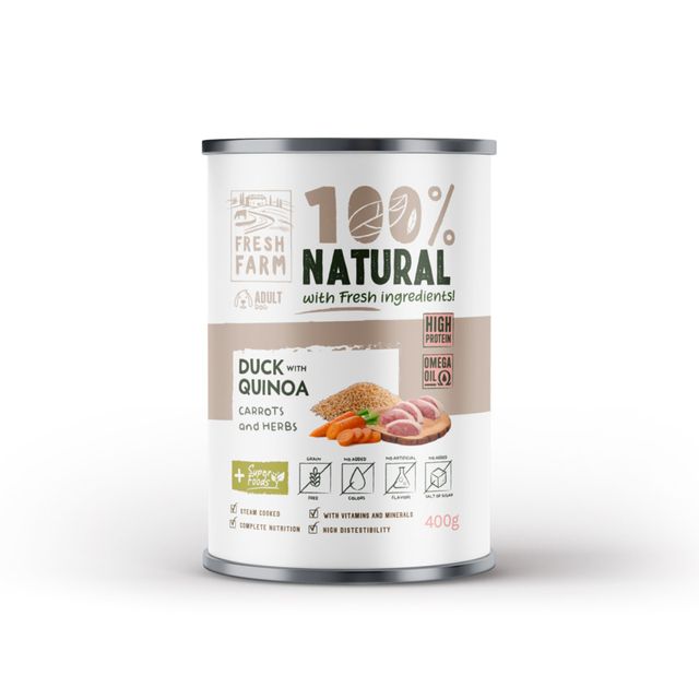 FRESH FARM Coarse, XS-XL, Rață și Quinoa, conservă hrană umedă fără cereale câini, (pate), 400g