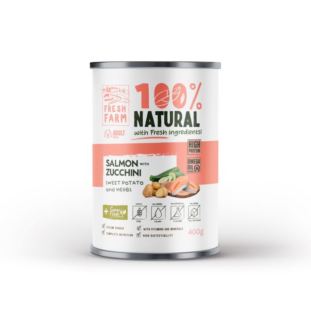 FRESH FARM Coarse XS-XL, Somon și Zucchini, conservă hrană umedă fără cereale câini, (pate), 400g