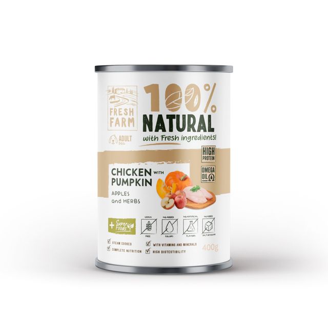 FRESH FARM Coarse, XS-XL, Pui și dovleac, conservă hrană umedă fără cereale câini, (pate), 400g