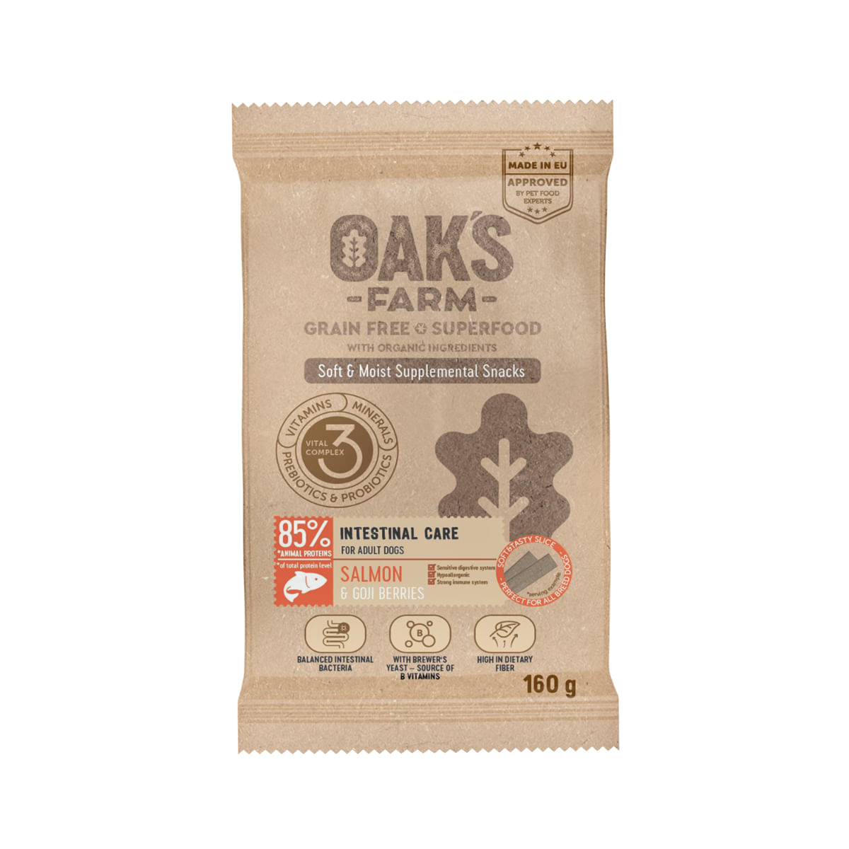 OAK\'S FARM Intestinal Care, Somon, punguță recompense funcționale fără cereale câini, sistem digestiv, 160g