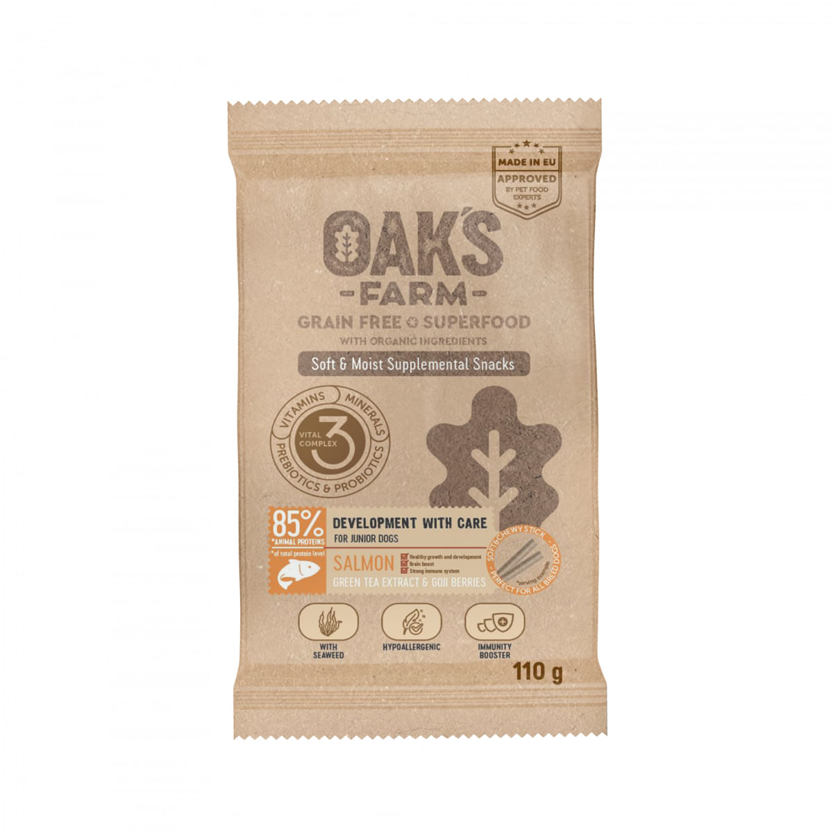 OAK\'S FARM Development with Care, Somon, punguță recompense funcționale fără cereale câini junior, 110g