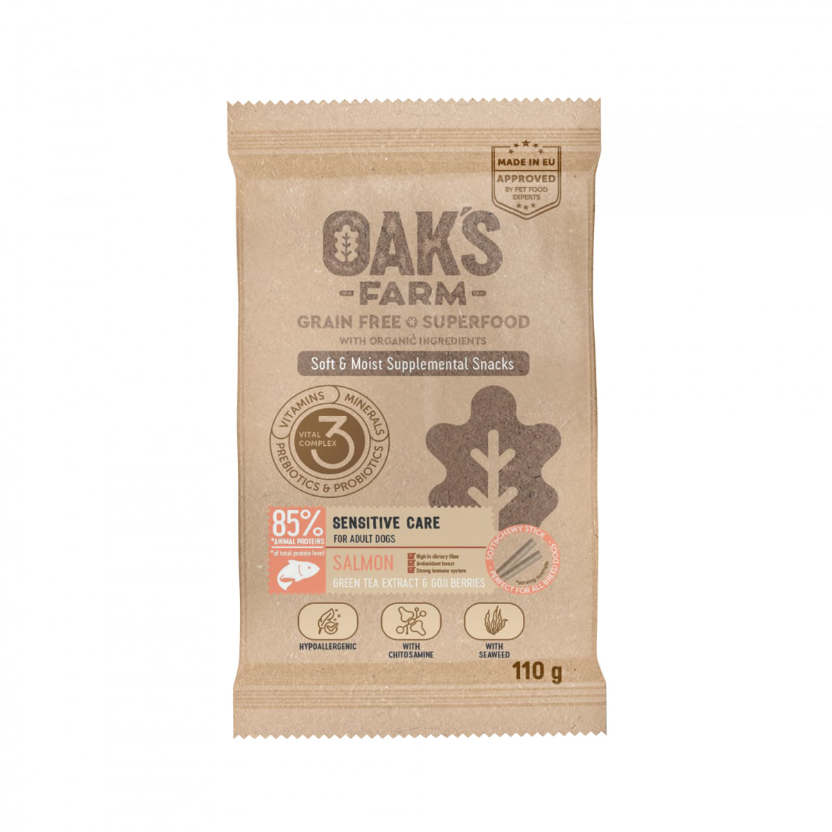 OAK\'S FARM Sensitive Care, Somon, punguță recompense funcționale fără cereale câini, alergii, 110g