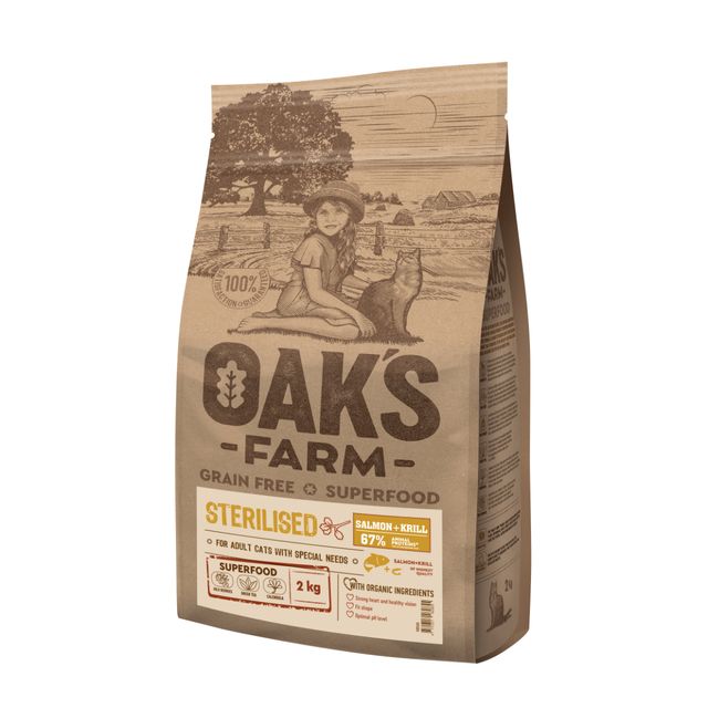 OAK'S FARM Sterilised, Somon, hrană uscată fără cereale pisici sterilizate, obezitate, 400g