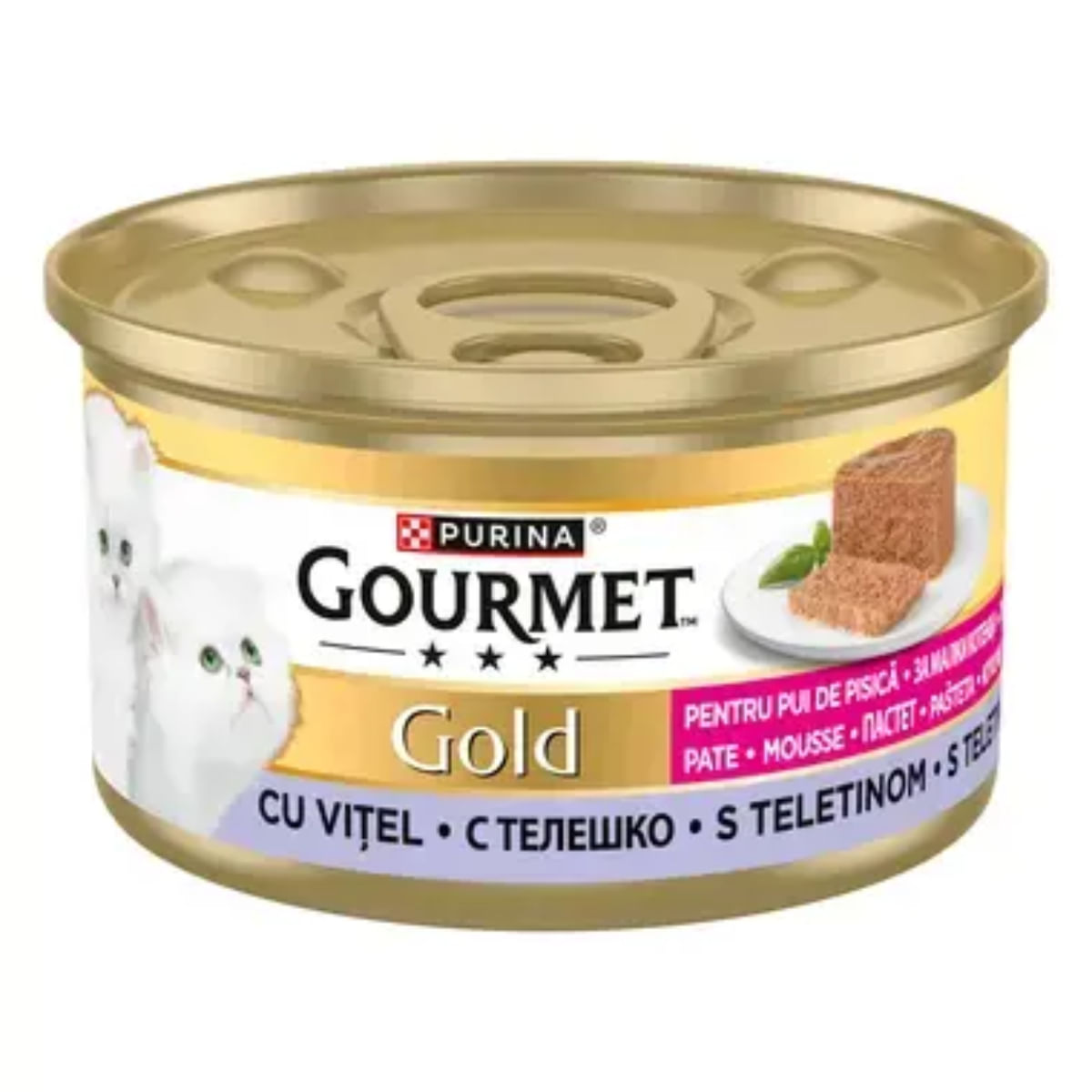 GOURMET Gold Mousse Kitten, Vițel, conservă hrană umedă pisici junior, (mousse), 85g