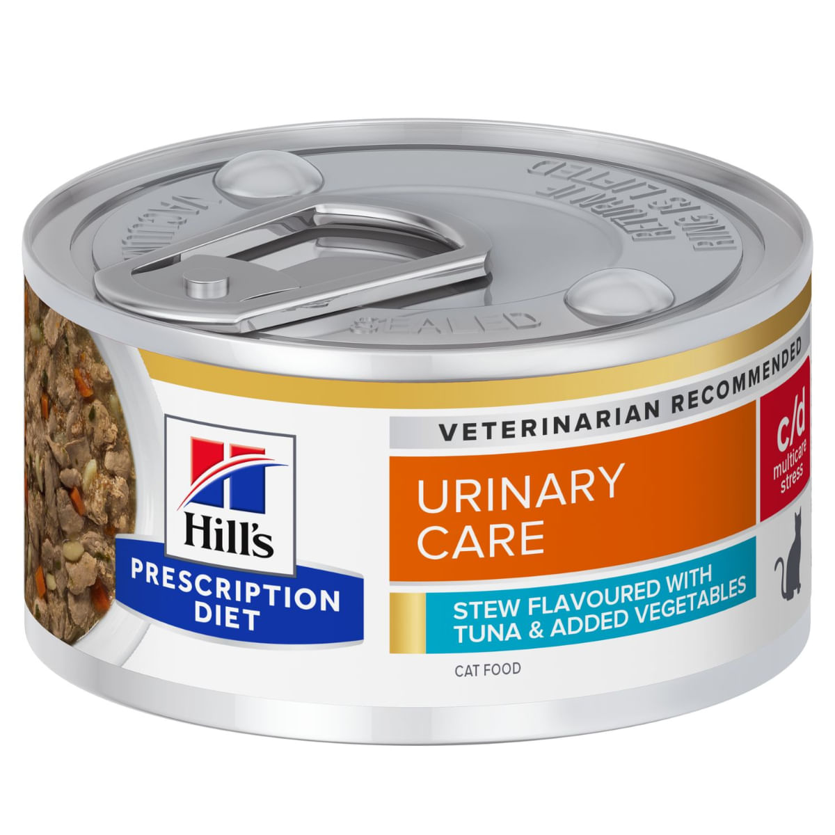 HILL\'S Prescription Diet C/D Multicare Stress, Ton și Tocană de Legume, dietă veterinară, conservă hrană umedă pisici, sistem urinar, (în sos), 82g