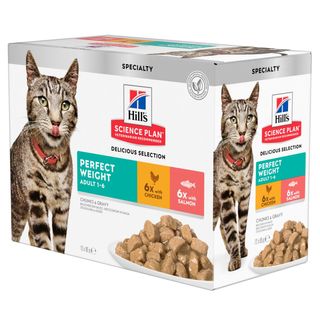 HILL'S Science Plan Perfect Weight, Pui și Somon, plic hrană umedă pisici, obezitate, (în sos), bax, 85g x 12buc