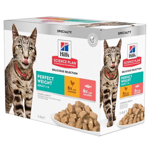 HILL'S Science Plan Perfect Weight, Pui și Somon, plic hrană umedă pisici, obezitate, (în sos), bax, 85g x 12buc
