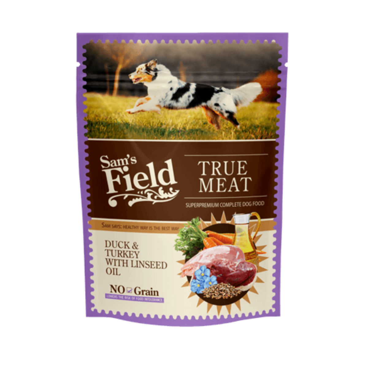 SAM\'S FIELD, XS-XL, Rață și Curcan, plic hrană umedă fără cereale câini, (în aspic), 260g