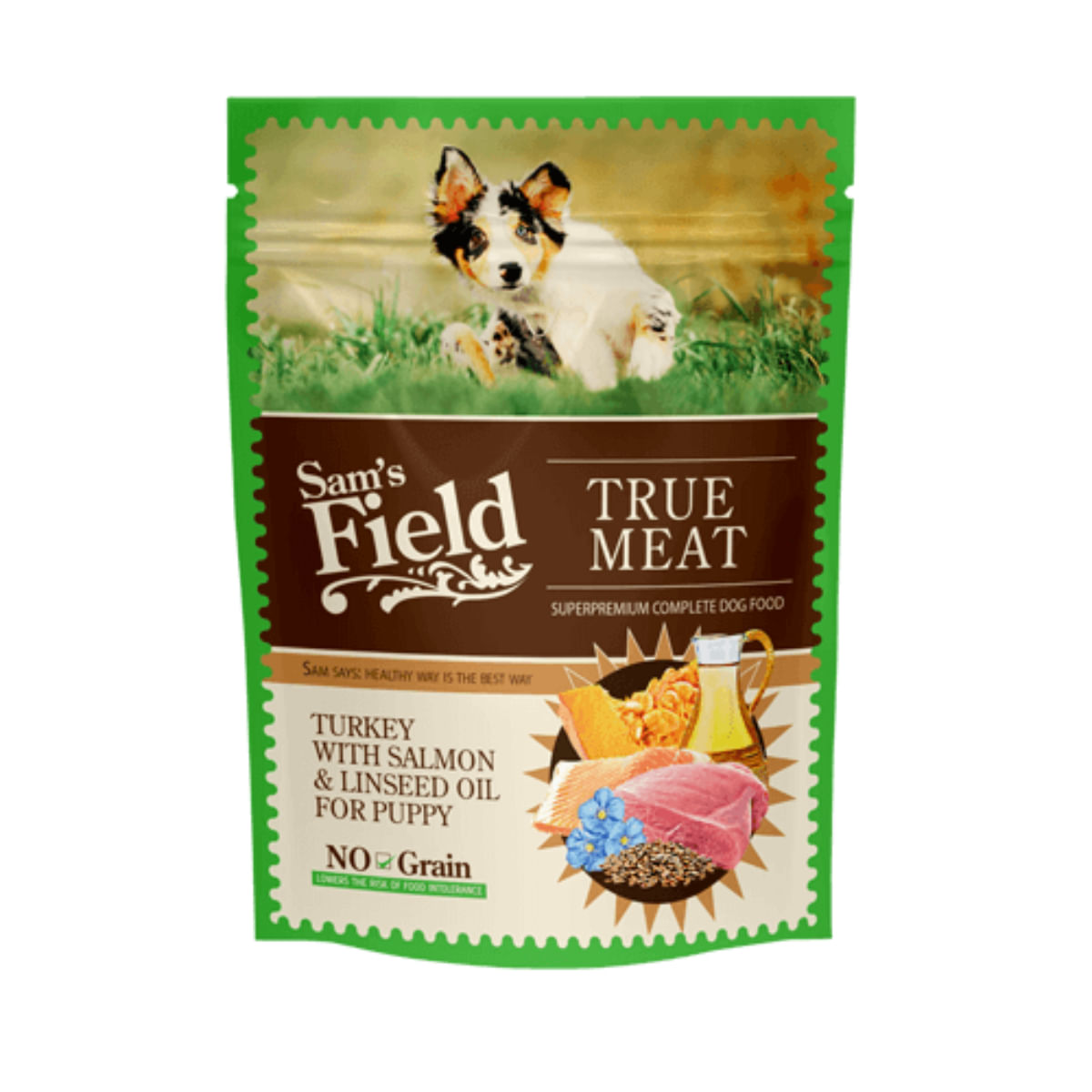 SAM\'S FIELD Puppy, XS-XL, Curcan și Somon, plic hrană umedă fără cereale câini junior, (în aspic), 260g