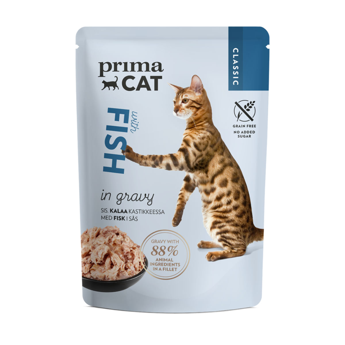 PRIMA CAT Classic, Pește, plic hrană umedă fără cereale pisici, (în sos), bax, 85g x 28buc